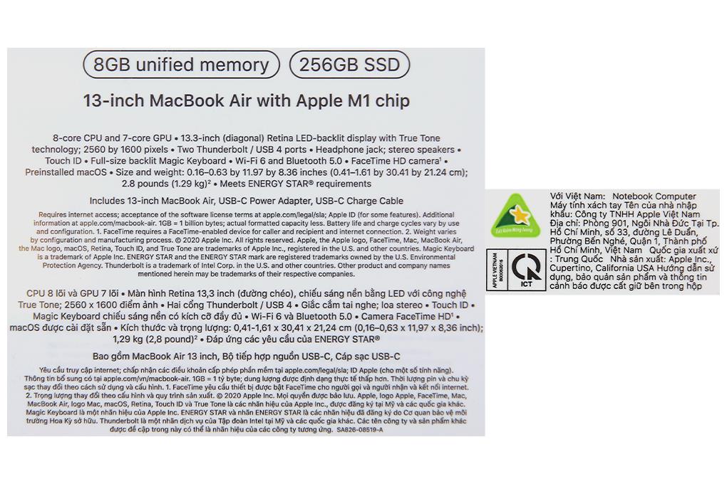 Laptop Apple MacBook Air 13 in M1 2020 8-core CPU 7-core GPU MGND3SA A 8G 256G Vàng đồng