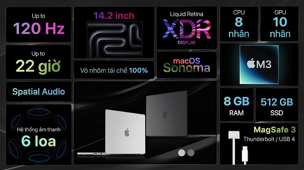 Laptop Apple MacBook Pro 14 in M3 MTL73SA A 8G 512G Xám