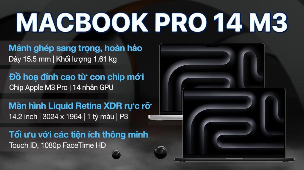Laptop Apple MacBook Pro 14 in M3 Pro 2023 11-core CPU 14-core GPU 18G 512G Đen