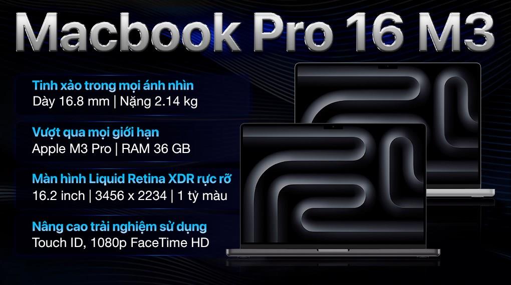 Laptop Apple MacBook Pro 16 in M3 Pro 2023 12-core CPU 18-core GPU 36G 512G Bạc