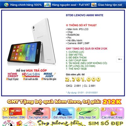 Điện thoại LENOVO A6000 White - màn 5.0 inch, pin 2300mAh - Chính hãng, BH 12 tháng