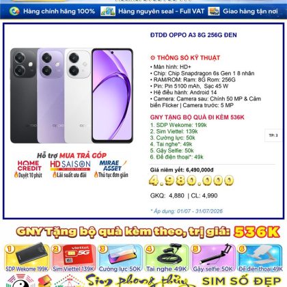 Điện thoại OPPO A3 8G 256G ĐEN - 8GB 256GB màn 6.67 inch, pin 5100mAh, Type-C - Chính hãng, bảo hành chính hãng