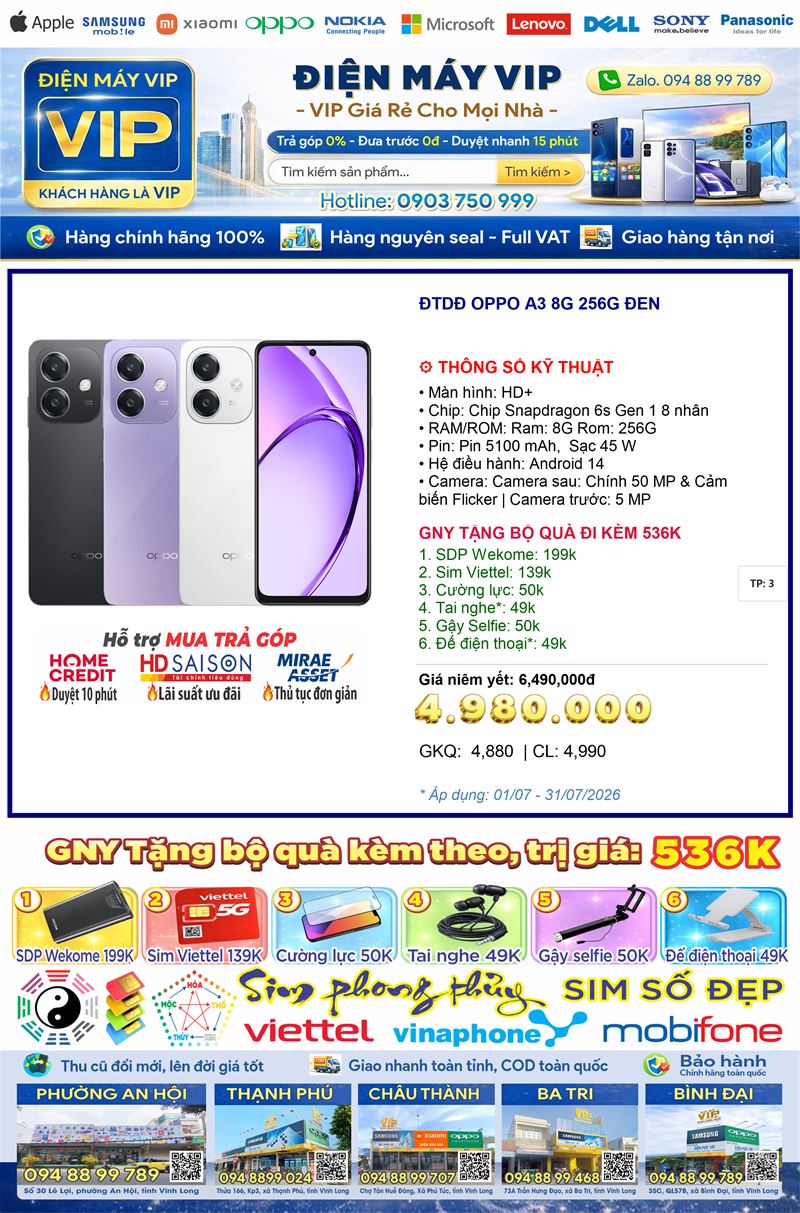 Điện thoại OPPO A3 8G 256G ĐEN - 8GB 256GB màn 6.67 inch, pin 5100mAh, Type-C - Chính hãng, bảo hành chính hãng