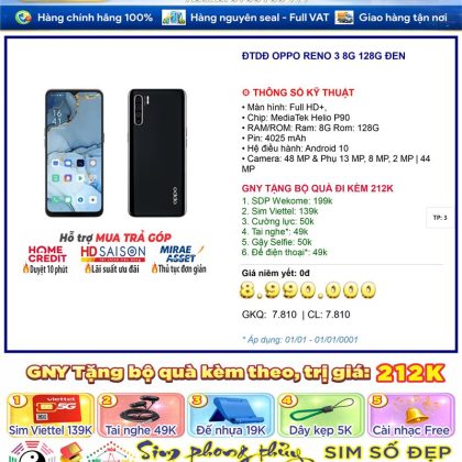 Điện thoại OPPO RENO 3 8G 128G Đen màn 6.4 inch, pin 4025mAh, Type-C - Chính hãng, bảo hành chính hãng
