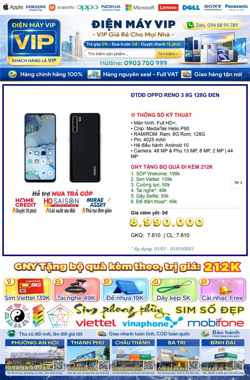 Điện thoại OPPO RENO 3 8G 128G Đen màn 6.4 inch, pin 4025mAh, Type-C - Chính hãng, bảo hành chính hãng