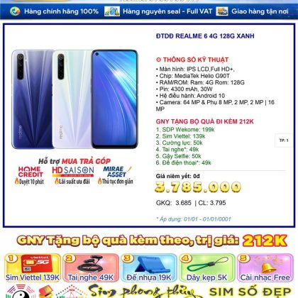Điện thoại REALME 6 4G 128G xanh màn 6.5 inch, pin 4300mAh, Type-C - Chính hãng, bảo hành chính hãng