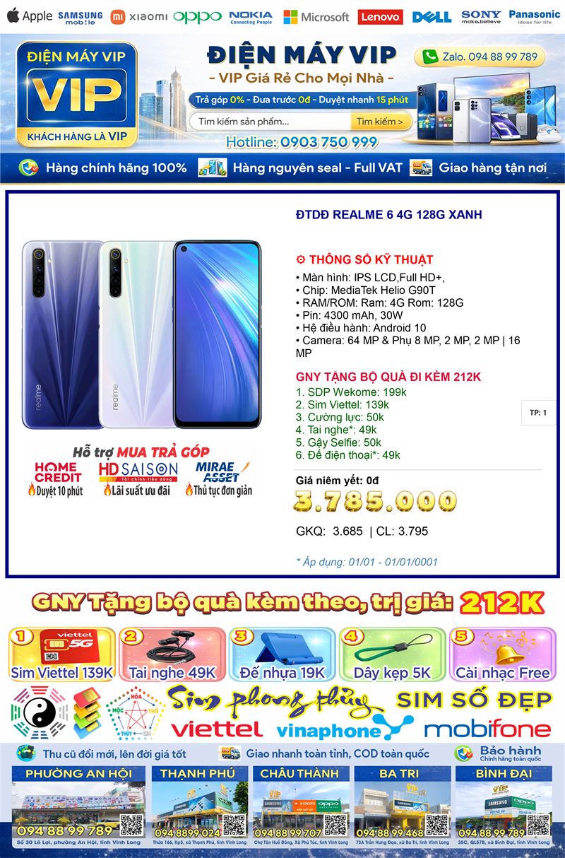 Điện thoại REALME 6 4G 128G xanh màn 6.5 inch, pin 4300mAh, Type-C - Chính hãng, bảo hành chính hãng