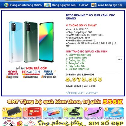 Điện thoại REALME 7i 8G 128G Xanh Cực Quang màn 6.5 inch, pin 5000mAh, Type-C - Chính hãng, bảo hành chính hãng