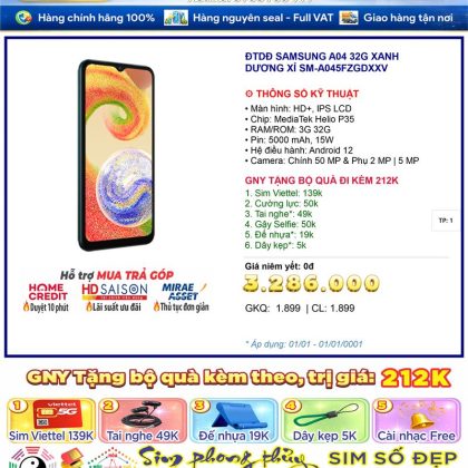 Điện thoại SAMSUNG A04 32G Xanh Dương Xỉ 3GB 32G - màn 6.5 inch, pin 5000mAh - Chính hãng, BH 12 tháng
