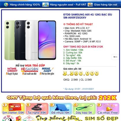 Điện thoại SAMSUNG A05 4G 128G Bạc Sỉu 4GB 128G - màn 6.7 inch, pin 5000mAh - Chính hãng, BH 12 tháng