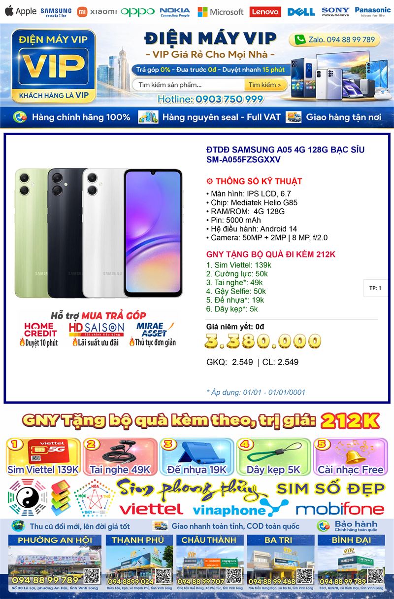 Điện thoại SAMSUNG A05 4G 128G Bạc Sỉu 4GB 128G - màn 6.7 inch, pin 5000mAh - Chính hãng, BH 12 tháng
